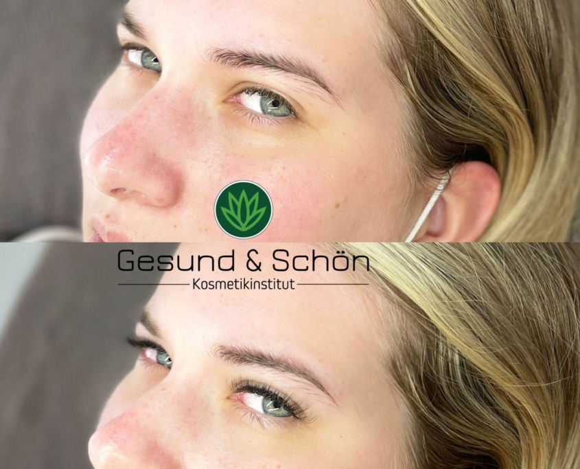 Wimpern nach der Wimpernverlängerung - Blonde Frau mit vorher nachher Beispiel